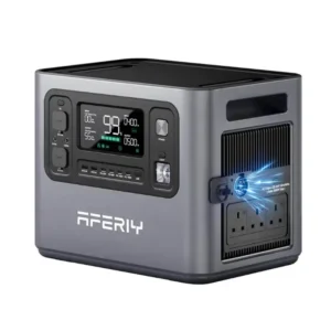 A studio product image of the AFERIY P280 portable power station, showing its silver-grey body, central digital display, front USB and DC outputs, side-mounted AC outlets, and high-current DC port with a blue electrical glow effect.