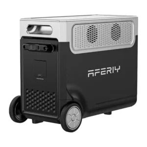 A studio product photo of the AFERIY P310 portable power station on a white background, highlighting its modular, suitcase-style design, two-tone silver-and-black chassis, integrated transport wheels, recessed carrying handle, and dual side cooling fans.