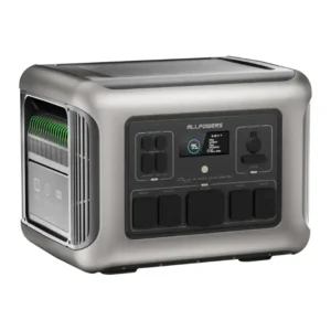 A studio product photo of the ALLPOWERS R2500 portable power station against a white background, showing its silver-gray body, central LCD display, covered AC, DC, and USB ports, and a side panel with a transparent window revealing green internal components.