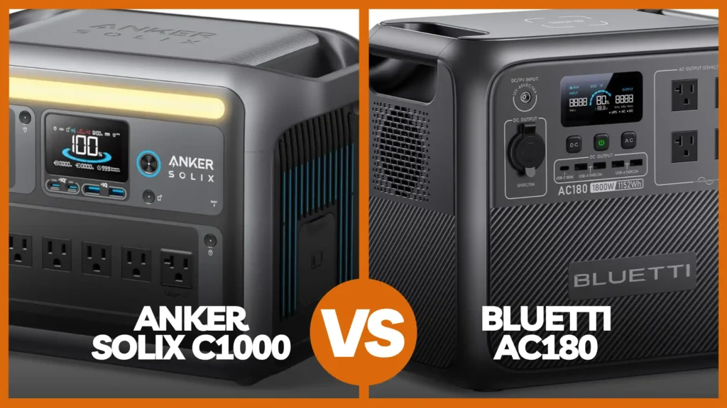 A split-screen comparison featured image for a review blog, displaying the Anker SOLIX C1000 on the left and the BLUETTI AC180 on the right, divided by a central orange "VS" graphic.