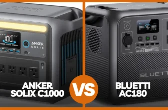 A split-screen comparison featured image for a review blog, displaying the Anker SOLIX C1000 on the left and the BLUETTI AC180 on the right, divided by a central orange "VS" graphic.