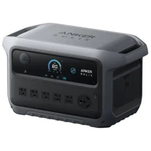 Anker SOLIX C2000 Gen 2 portable power station in a studio shot against a white background, showing its dark grey and black body, circular LCD screen, USB ports, five AC outlets, and TT-30 RV outlet.