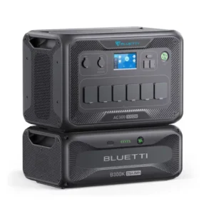 A studio product image of the stacked BLUETTI AC300 and B300K modular power system on a white background, showing the 3,000W AC300 inverter module above the 2,764.8Wh B300K LiFePO4 battery module.