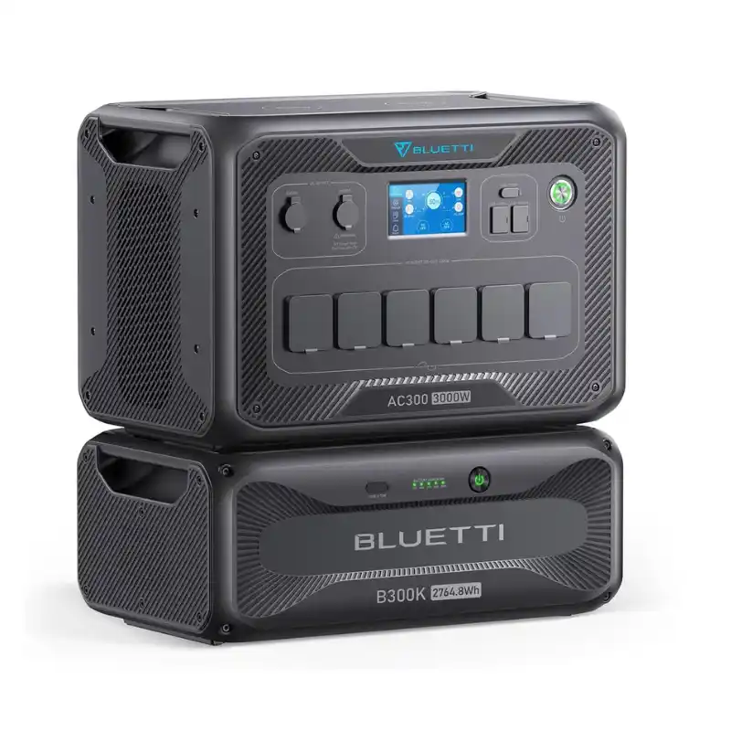 A studio product image of the stacked BLUETTI AC300 and B300K modular power system on a white background, showing the 3,000W AC300 inverter module above the 2,764.8Wh B300K LiFePO4 battery module.