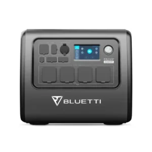 A front-facing studio photo of the BLUETTI EB200P portable power station on a white background, featuring a dark grey chassis, central LCD touchscreen showing 50% battery capacity, multiple covered AC, DC, and USB ports, and prominent BLUETTI branding.
