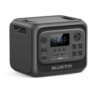 A studio product photo of the BLUETTI Elite 300 portable power station on a white background, featuring its dark grey casing, central LCD display showing 100% battery capacity, front USB and AC outlets, a 30A NEMA TT-30 RV outlet, and prominent BLUETTI branding.