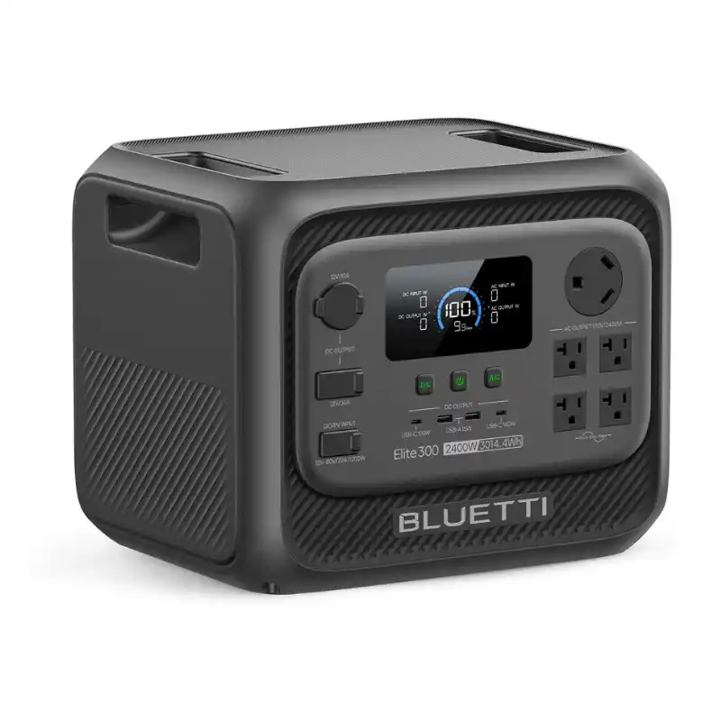 A studio product photo of the BLUETTI Elite 300 portable power station on a white background, featuring its dark grey casing, central LCD display showing 100% battery capacity, front USB and AC outlets, a 30A NEMA TT-30 RV outlet, and prominent BLUETTI branding.