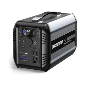 A studio product photo of the Bibene 500W/614Wh portable power station on a white background, displaying its silver-grey aluminum side panels with the "BIBENE" logo, a black front console with an active LCD display, and multiple USB, DC, and AC ports.