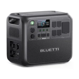 A studio product photo of the BLUETTI AC200L portable power station against a white background, showing its rugged dark gray casing, central display with 80% battery capacity, side input panel, and multiple covered AC, DC, and USB outputs.
