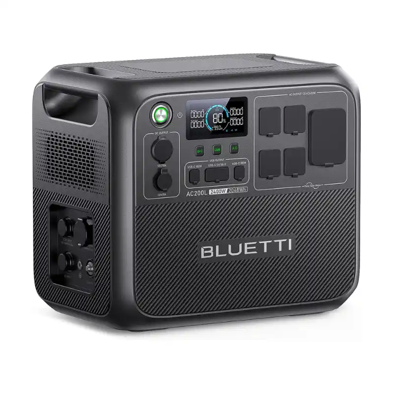 A studio product photo of the BLUETTI AC200L portable power station against a white background, showing its rugged dark gray casing, central display with 80% battery capacity, side input panel, and multiple covered AC, DC, and USB outputs.