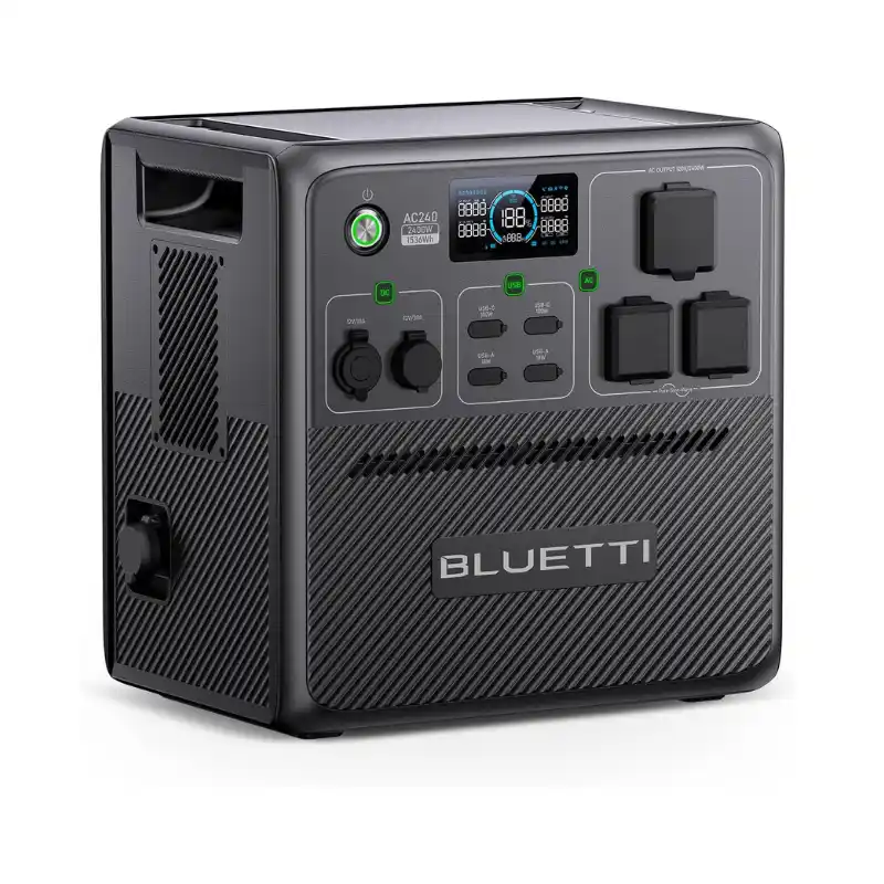 BLUETTI Pioneer 150 (AC240) portable power station with a rugged, weather-resistant design, LCD display, covered AC, DC, and USB ports, and 2,400W output on a white background.
