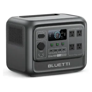 BLUETTI Elite 100 V2 portable power station with 1,024Wh capacity, 1,800W output, LCD display, AC outlets, USB ports, and DC outputs on a white background.