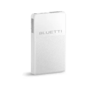A studio product image of the BLUETTI B70 hot-swappable modular battery pack against a white background, showing its slim white rectangular chassis, silver BLUETTI logo, textured diagonal ridges, cooling vent, and battery connector interface.