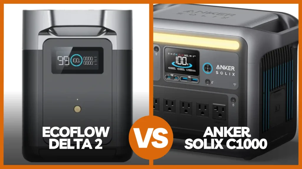 A split-screen comparison featured image for a review blog, showing the front profile of the EcoFlow DELTA 2 on the left against an angled view of the Anker SOLIX C1000 on the right, divided by a central orange "VS" graphic.