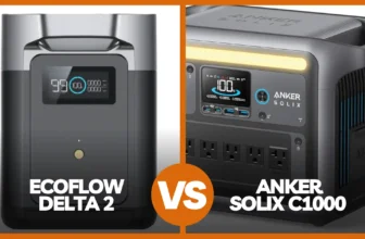 A split-screen comparison featured image for a review blog, showing the front profile of the EcoFlow DELTA 2 on the left against an angled view of the Anker SOLIX C1000 on the right, divided by a central orange "VS" graphic.