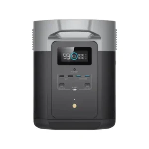 A front-facing studio photo of the EcoFlow DELTA Max portable power station on a white background, featuring its silver and dark grey two-tone casing, central LCD display showing 100% battery capacity, and multiple USB-A and USB-C charging ports.
