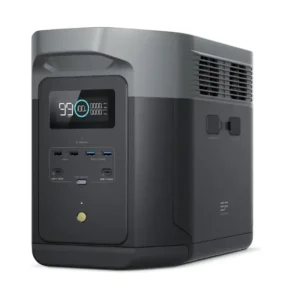 A studio product photo of the EcoFlow DELTA 2 Max portable power station against a white background, showing its silver and black chassis, front LCD display at 100% battery capacity, multiple USB outputs, and side-mounted expansion battery ports.