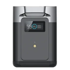 Front-facing studio shot of the EcoFlow DELTA 2 portable power station against a white background, showcasing its two-tone silver-and-grey body, a digital screen displaying 100% battery capacity, and a golden-lit power button.