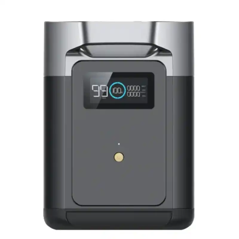 Front-facing studio shot of the EcoFlow DELTA 2 portable power station against a white background, showcasing its two-tone silver-and-grey body, a digital screen displaying 100% battery capacity, and a golden-lit power button.