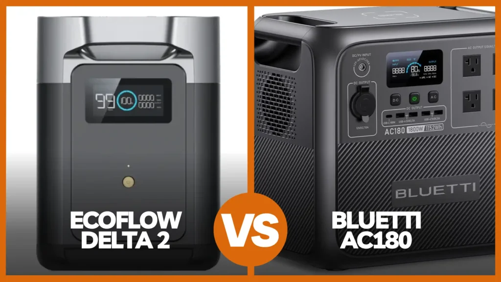 A split-screen comparison featured image for a review blog, showing the front profile of the EcoFlow DELTA 2 on the left and an angled view of the BLUETTI AC180 on the right, divided by a central orange "VS" graphic.