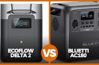 A split-screen comparison featured image for a review blog, showing the front profile of the EcoFlow DELTA 2 on the left and an angled view of the BLUETTI AC180 on the right, divided by a central orange "VS" graphic.