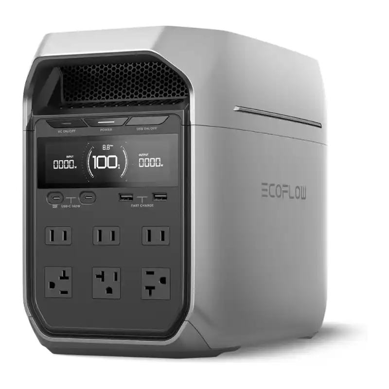 EcoFlow DELTA 3 Series portable power station in a studio shot against a white background, showing its silver-and-grey chassis, an LCD screen displaying 100% battery capacity, USB ports, and front AC outlets.