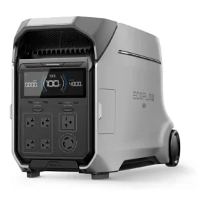 A studio product photo of the EcoFlow DELTA Pro 3 whole-home backup power station against a white background, showing its contoured silver-grey chassis, integrated transport wheels, front LCD display showing 100% battery capacity, USB ports, and 120V and 240V AC outlet configuration.