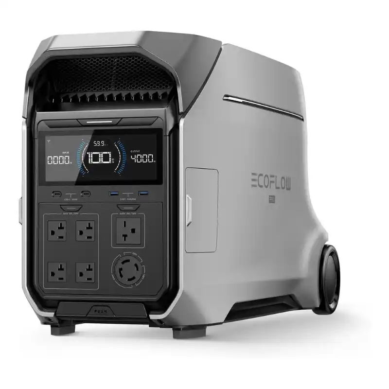A studio product photo of the EcoFlow DELTA Pro 3 whole-home backup power station against a white background, showing its contoured silver-grey chassis, integrated transport wheels, front LCD display showing 100% battery capacity, USB ports, and 120V and 240V AC outlet configuration.
