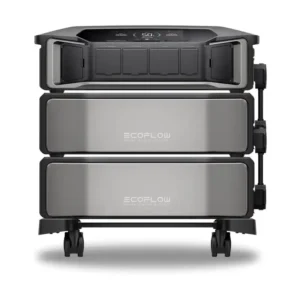 A front-facing studio photo of the stacked EcoFlow DELTA Pro Ultra modular home backup system, consisting of a top inverter module and two silver-plated battery modules resting on a wheeled dolly against a white background.