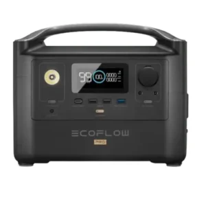 A front-facing studio photo of the original EcoFlow RIVER Pro portable power station against a white background, featuring a matte black body, high-arching top handle, front LCD screen, built-in LED flashlight, and gold “PRO” badge.