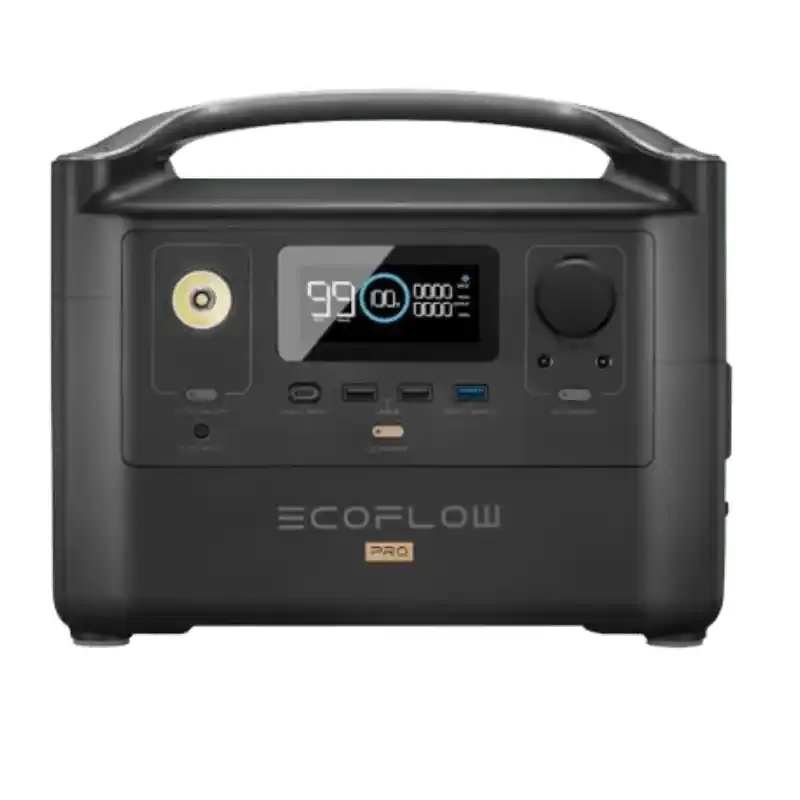 A front-facing studio photo of the original EcoFlow RIVER Pro portable power station against a white background, featuring a matte black body, high-arching top handle, front LCD screen, built-in LED flashlight, and gold “PRO” badge.