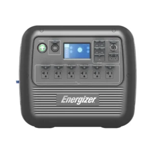 A front-facing studio photo of the Energizer PPS2000W portable power station on a white background, featuring a rugged black chassis, central LCD touchscreen showing 68% battery capacity, six covered AC outlets, and prominent Energizer branding on the ribbed lower front panel.