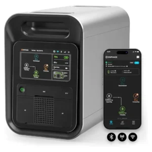 Enphase IQ PowerPack 1500 portable power station with its touchscreen display illuminated, positioned beside a smartphone displaying the Enphase App with real-time power data, on a plain white background.