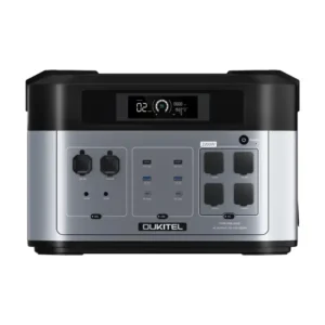 A front-facing studio photo of the FFpower BP2000 portable power station on a white background, featuring a silver and black two-tone chassis, central LCD display showing 99% battery capacity, four covered AC outlets, and multiple DC and USB outputs.