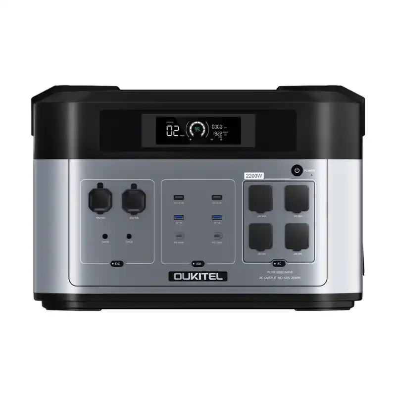 A front-facing studio photo of the FFpower BP2000 portable power station on a white background, featuring a silver and black two-tone chassis, central LCD display showing 99% battery capacity, four covered AC outlets, and multiple DC and USB outputs.