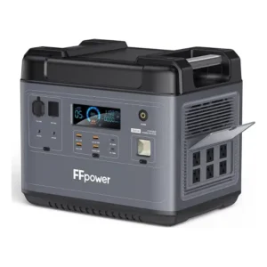 A front and side studio photo of the FFpower P2001 portable power station on a white background, featuring a dark grey chassis, black top section with integrated handles, LCD display showing 99% battery capacity, multiple USB and DC outputs, and six covered AC outlets on the side panel.