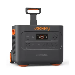 A studio product photo of the Jackery Explorer 2000 Plus portable power station with its telescoping handle extended, showing its dark gray body, bright orange accents, integrated wheels, and comprehensive front-facing output panel against a white background.