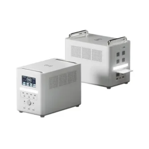 A studio product photo of two white Lemi Power 1500 portable power stations against a white background, demonstrating the front panel interface on the foreground unit and the AC outlets with an active LED light bar on the background unit.