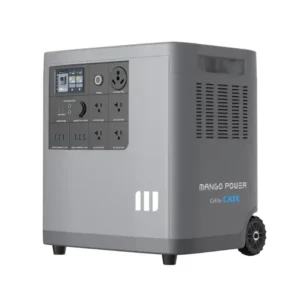 A studio product photo of the Mango Power E home backup power station on a white background, showing its light gray tower design, front color touchscreen, multiple AC, DC, and USB outputs, a dedicated NEMA TT-30 RV outlet, integrated transport wheels, and side-mounted CATL battery branding.