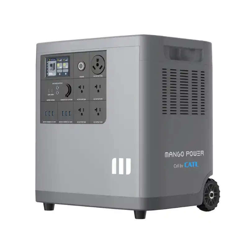 A studio product photo of the Mango Power E home backup power station on a white background, showing its light gray tower design, front color touchscreen, multiple AC, DC, and USB outputs, a dedicated NEMA TT-30 RV outlet, integrated transport wheels, and side-mounted CATL battery branding.