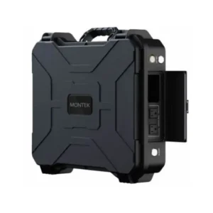 A studio product photo of the Montek X1000 portable power station, showing its rugged, black, suitcase-style design, integrated carry handle, protective latches, and an open side compartment with two standard AC outlets.
