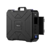 A studio photo of the iMontek X1200 portable power station, showing its rugged, black, suitcase-style design with an open side compartment revealing standard AC outlets and water-resistant blue protective caps.