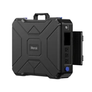 A studio photo of the iMontek X1200 portable power station, showing its rugged, black, suitcase-style design with an open side compartment revealing standard AC outlets and water-resistant blue protective caps.
