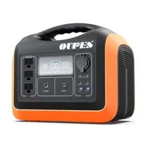 A studio product photo of the compact OUPES 1100 portable power station against a white background, featuring its two-tone orange-and-black body, integrated top handle, front LCD screen showing 100% battery, three vertical AC outlets, and various DC and USB ports.