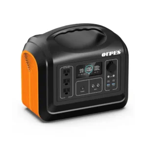 A studio product photo of the OUPES 1800 portable power station on a white background, featuring its two tone orange and black design, integrated top handle, front LCD display showing a full battery, three AC outlets, and multiple DC and USB ports.