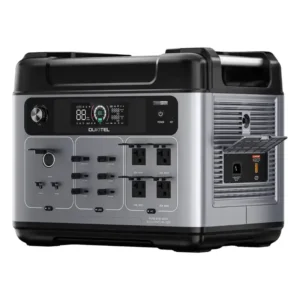 A symmetrical front-facing studio photo of the OUKITEL P2001 Pro portable power station on a white background, featuring a silver and black chassis, front LCD display, four covered AC outlets, multiple USB and DC ports, an adjustable AC charging dial, and a side panel with covered charging inputs.