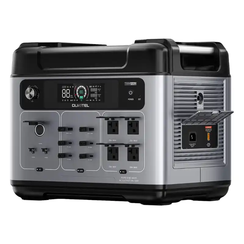 A symmetrical front-facing studio photo of the OUKITEL P2001 Pro portable power station on a white background, featuring a silver and black chassis, front LCD display, four covered AC outlets, multiple USB and DC ports, an adjustable AC charging dial, and a side panel with covered charging inputs.