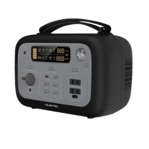 A studio product photo of the compact OUKITEL P501 portable power station against a white background, featuring a matte black body, a flexible top carrying strap, a front LCD display, vertical AC outlets, and a built-in circular LED flashlight.