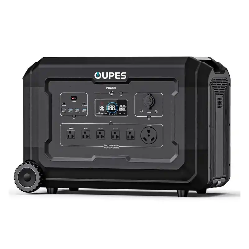 A studio product photo of the rugged OUPES Mega 3 portable power station on a white background, featuring a dark charcoal gray body, integrated transport wheels, a central digital display, and multiple front-facing AC, DC, and USB outputs.