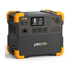A studio product photo of the Pecron E2400LFP portable power station against a white background, showing its dark gray body, bright orange protective corner bumpers, central digital display, three AC outlets, and labeled DC and USB ports.